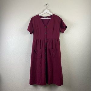 MEROKEETY burgundy red color short sleeve midi linen dress size L.